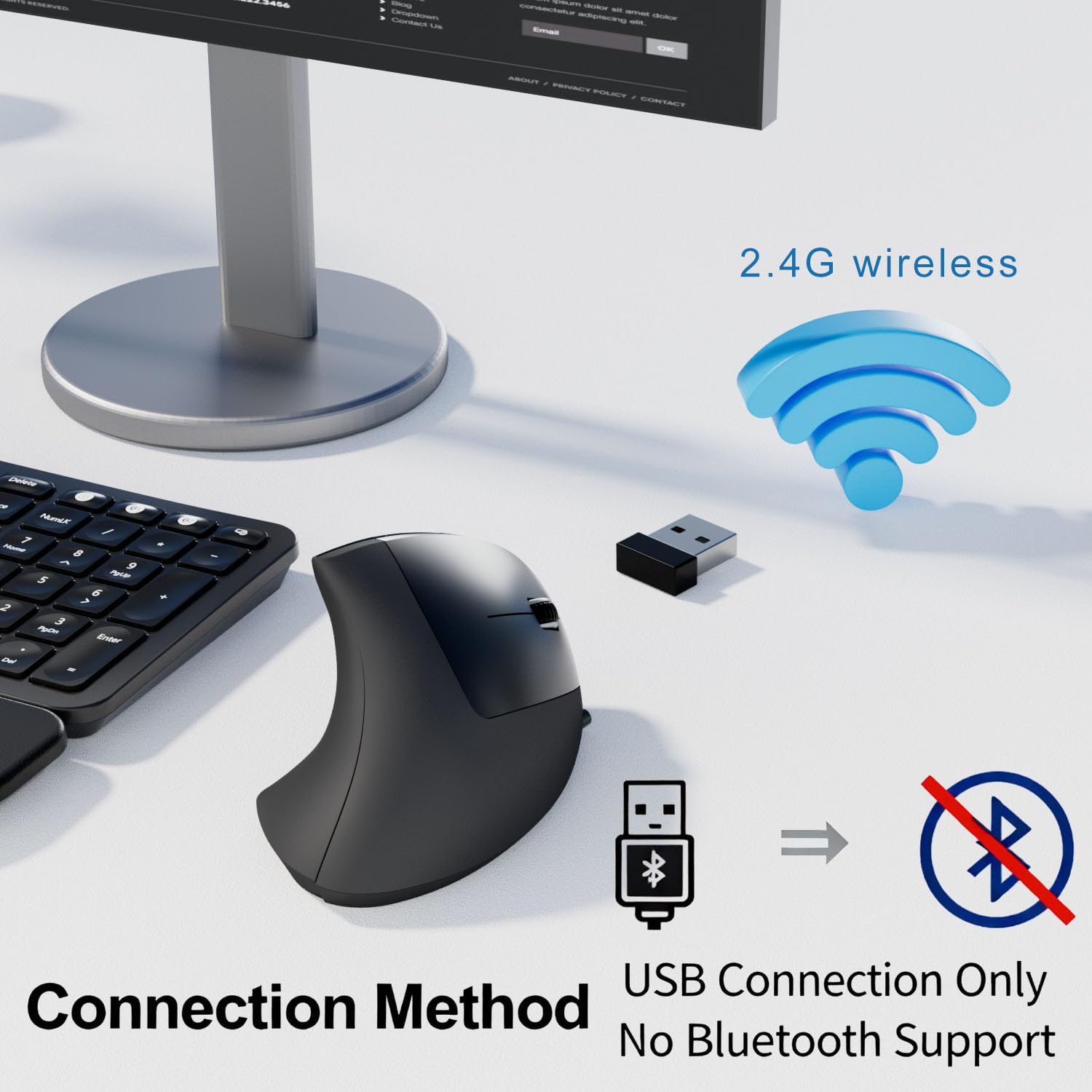 Mouse ergonomico senza fili, mouse verticale wireless USB 2.4G, DPI regolabile (800/1200/1600), clic silenziosi, 6 pulsanti per laptop, PC, Mac, desktop - nero