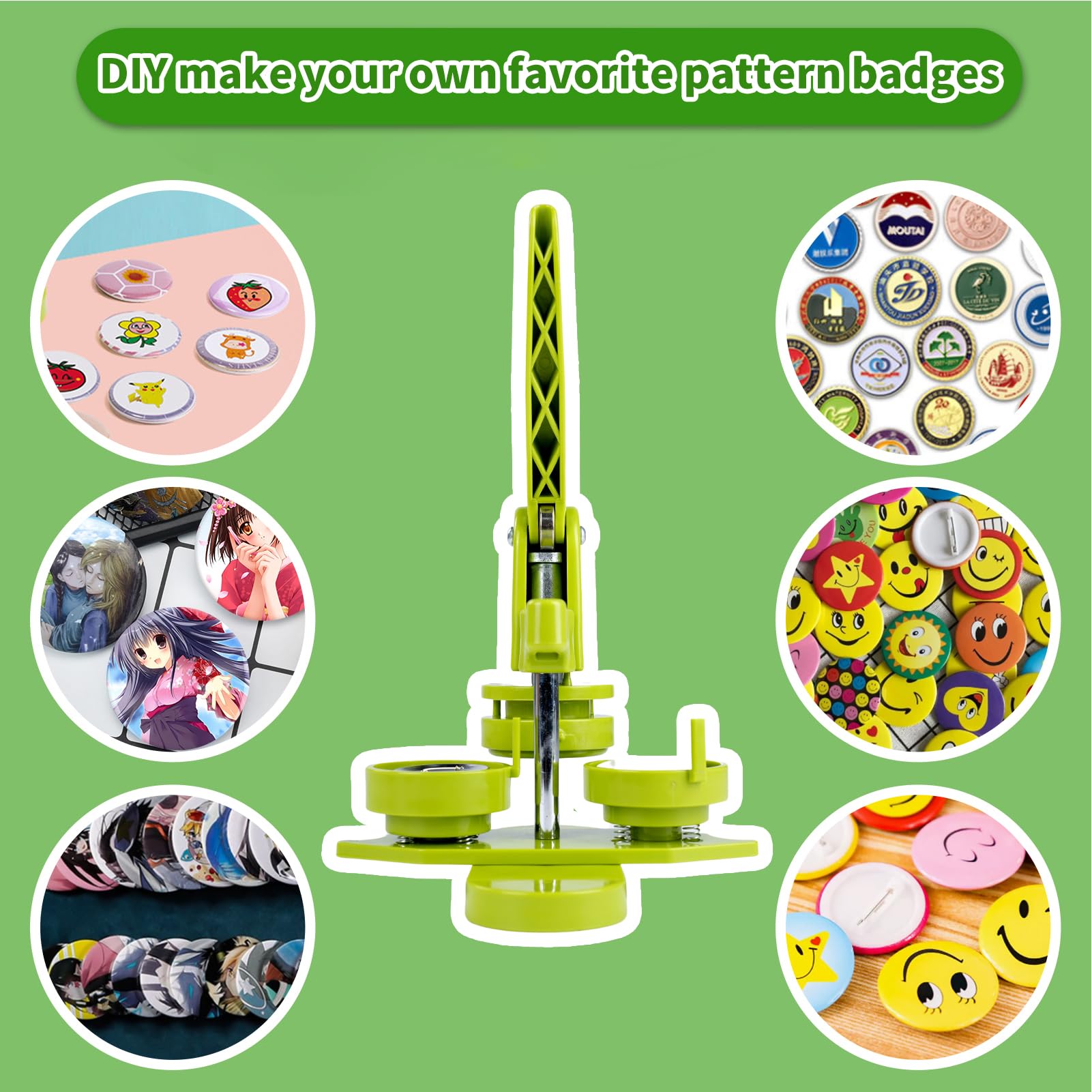 Maszyna do wyciskania plakietek, Maszyna do guzików, ze 100 guzikami/obrazkami i nożem do wycinania kółek dla postaci dla ludzi, dzieci DIY Gift Pin Maker (zielona, 32 mm)