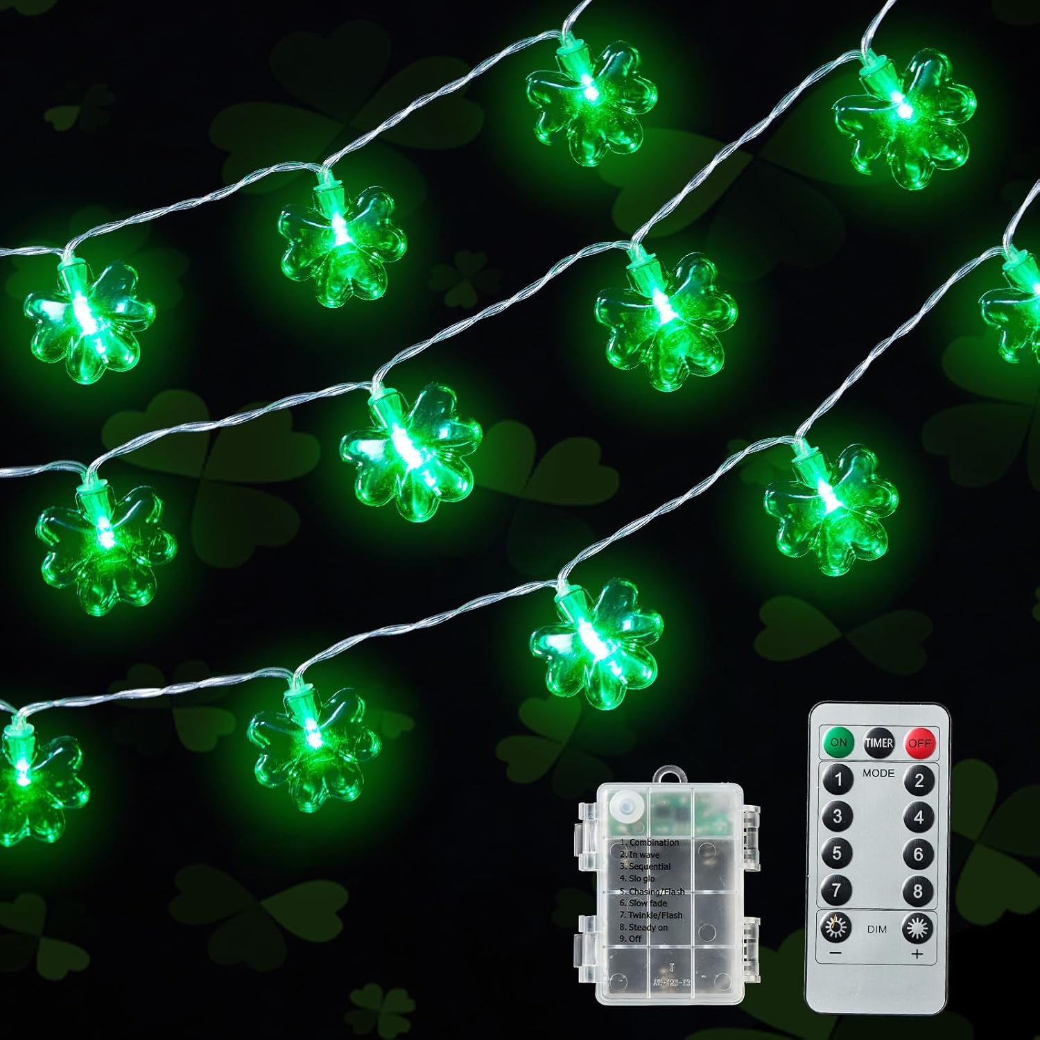 St Patricks Day Decorations Green Christmas Lights with 40 Led 3D Shamrocks, Battery Operated Lucky Clover Lights with Remote Control for Indoor Outdoor Home Garden Golf Cart St. Patrick’s Day Decor