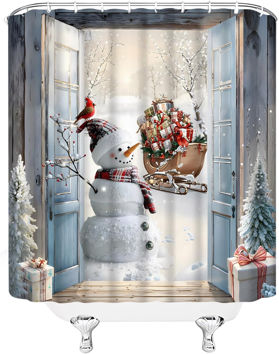 Christmas Snowman Shower Curtain Winter Barn Door Xmas Pine Trees Forest Snowflake Holiday Vintage 70" Wx78 H Fabric Bathroom Decor Curtain with Hooks