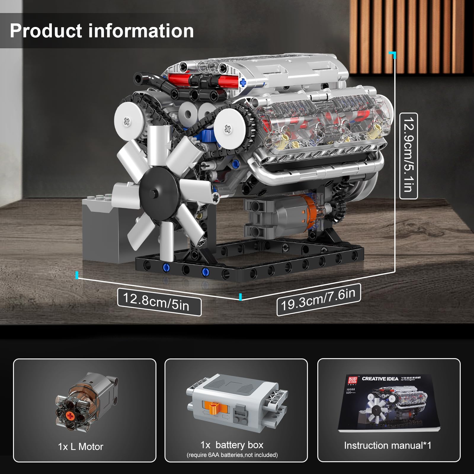 Mould King 10088 Technik V8 Engine Building Blocks Engine Model Clamping Blocks Simulation Motor with Functional Engine Kit (535 Pieces) - Image 4