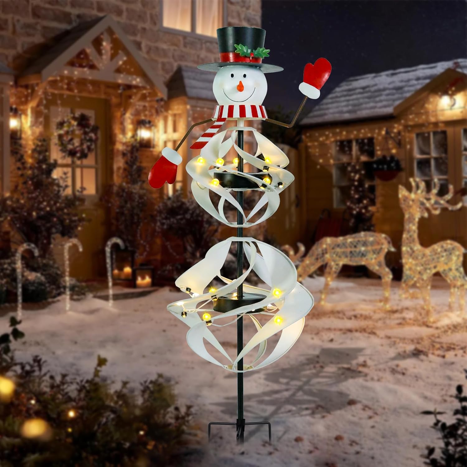 Solar Outdoor Decorations Snowman Solar Wind Spinner Lighted Yard Stakes Outdoor Xmas Metal Wind Spinner Stake for Garden Lawn Pathway Party Decoration