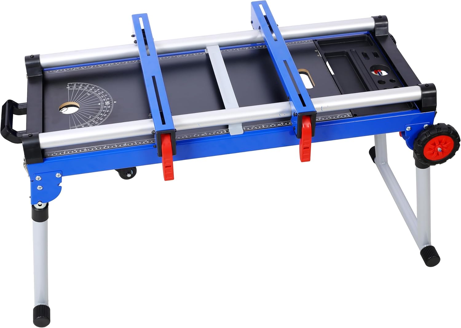 Miter Saw Stand, 5-in-1 Portable Workbench, Folding Work Table with Detachable Miter Saw Stand, Height Adjustable Legs and Wheels, Scaffold/Dolly/Creeper/Platform for Woodworking, Repair, Masonry (Blue)