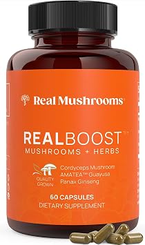 Real Mushrooms RealBoost Capsules Cordyceps Mushroom, Panax Ginseng & Guayusa Extract for Overall Wellness & Energy Support Vegan, Non-GMO, No Fillers 60 Count Mushroom Supplement Blend