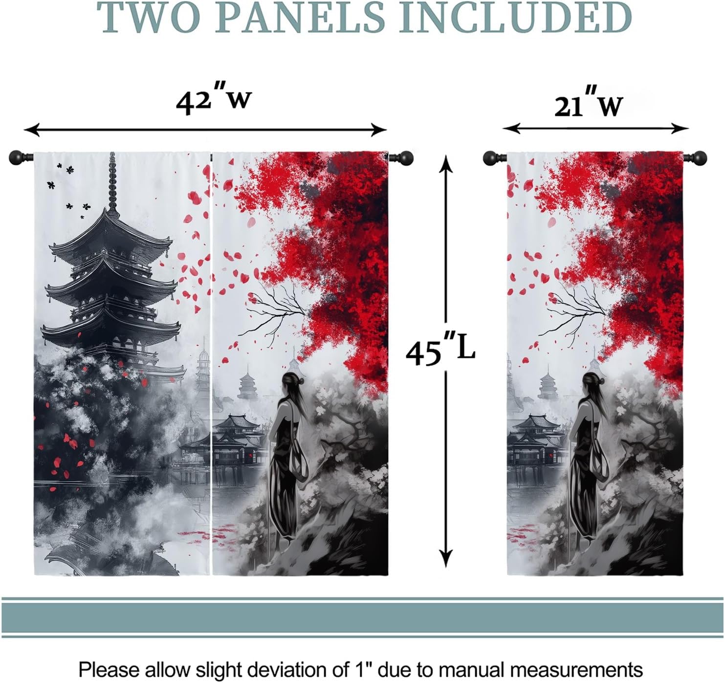 Japanese Cherry Blossom Boy Girls Blackout Curtains,Asian Kimono Geisha Anime Ink Abstract Art, 2 Panel Rod Pocket Thermal Insulated Drapes for Bedroom, Living, Kids Teen Room Deco 42x45 inch