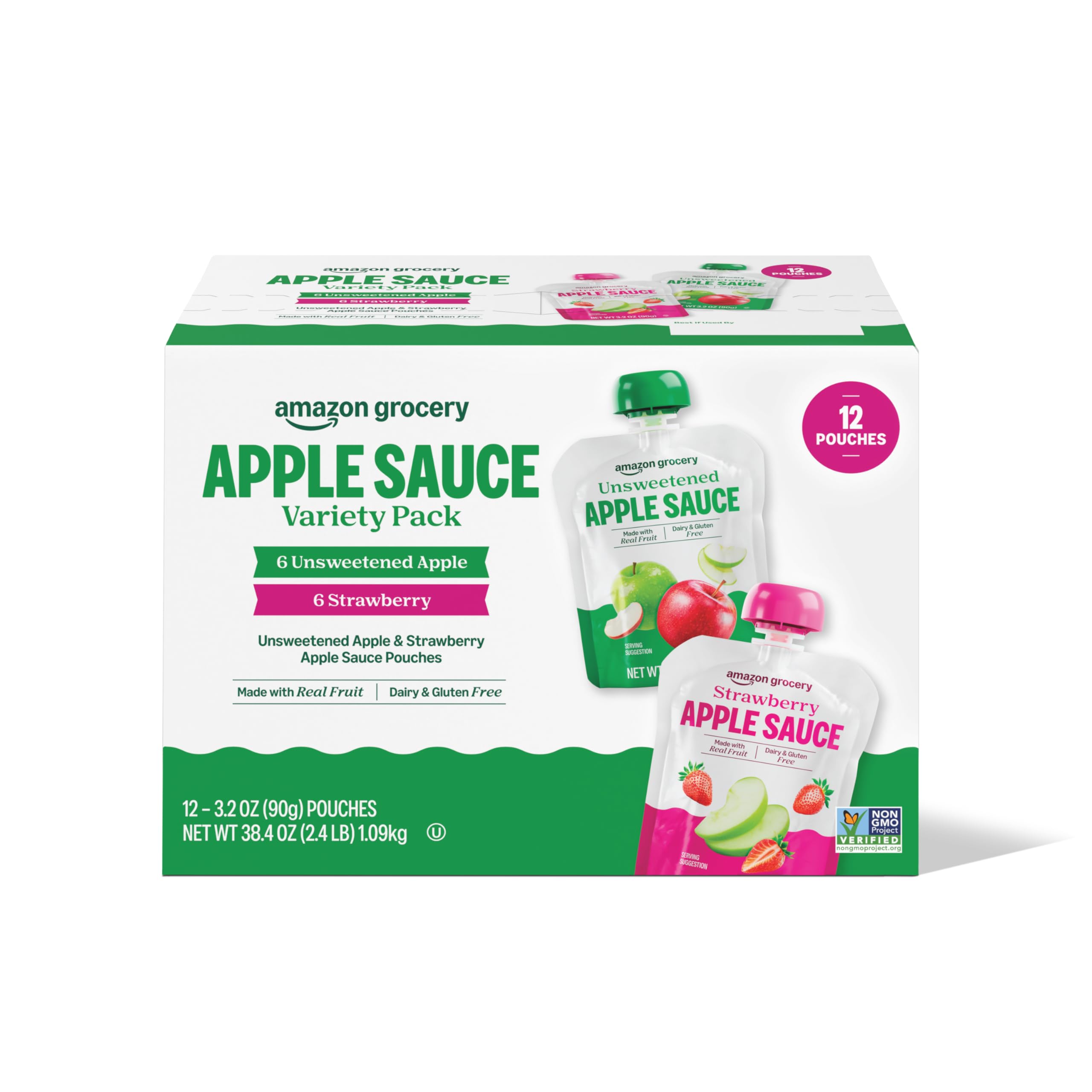 Amazon Grocery, Apple Sauce Pouches, Variety Pack of Unsweetened Apple and Strawberry, 3.2 Oz,12ct