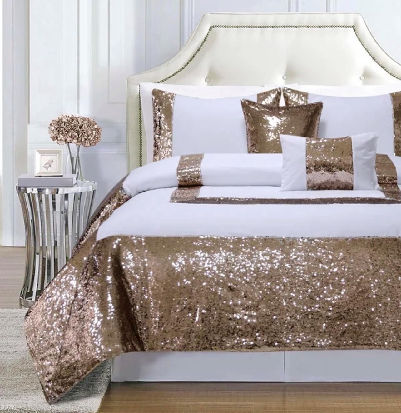 Glitter Flip Sequins Comforter Set - 100% Microfiber, Soft & Confortable, 2 Standard Shams, 2 Throw Pillows, 1 Decorative Pillow (Queen)