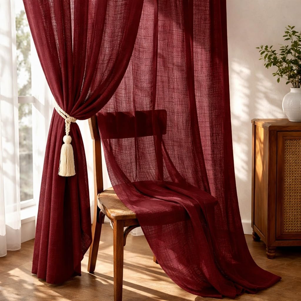 THE LINEN COMPANY Cotton Linen Solid Sheer Rod Pocket Door Curtains – Transparent Net Curtains, Light Filtering Privacy Curtains for Home Door & Balcony, Marron, 7.5 Feet, Pack of 1
