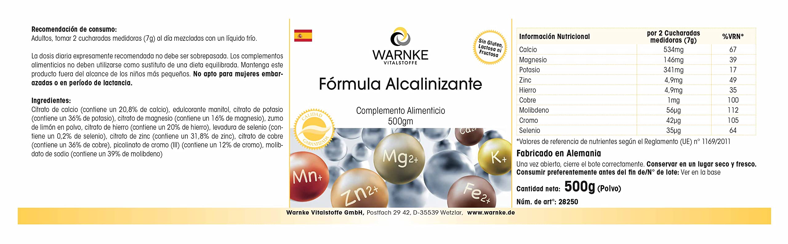 Polvo Alcalino 500g - Con 9 minerales y oligoelementos - Equilibrio ácido-base - Vegano | Warnke Vitalstoffe - Calidad de farmacia alemana