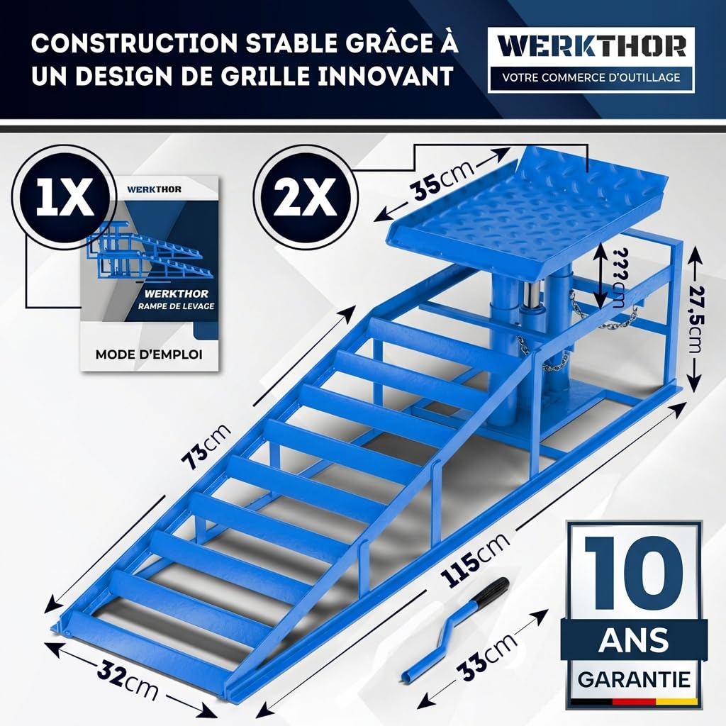 WERKTHOR Rampe de Levage Voiture Hydraulique [Blau Lot de 2] – Rampes Voiture avec Soupape de Sécurité Jusqu’à 3T – Rampe Voiture Réglable en Hauteur – Pont Élévateur Voiture Compact