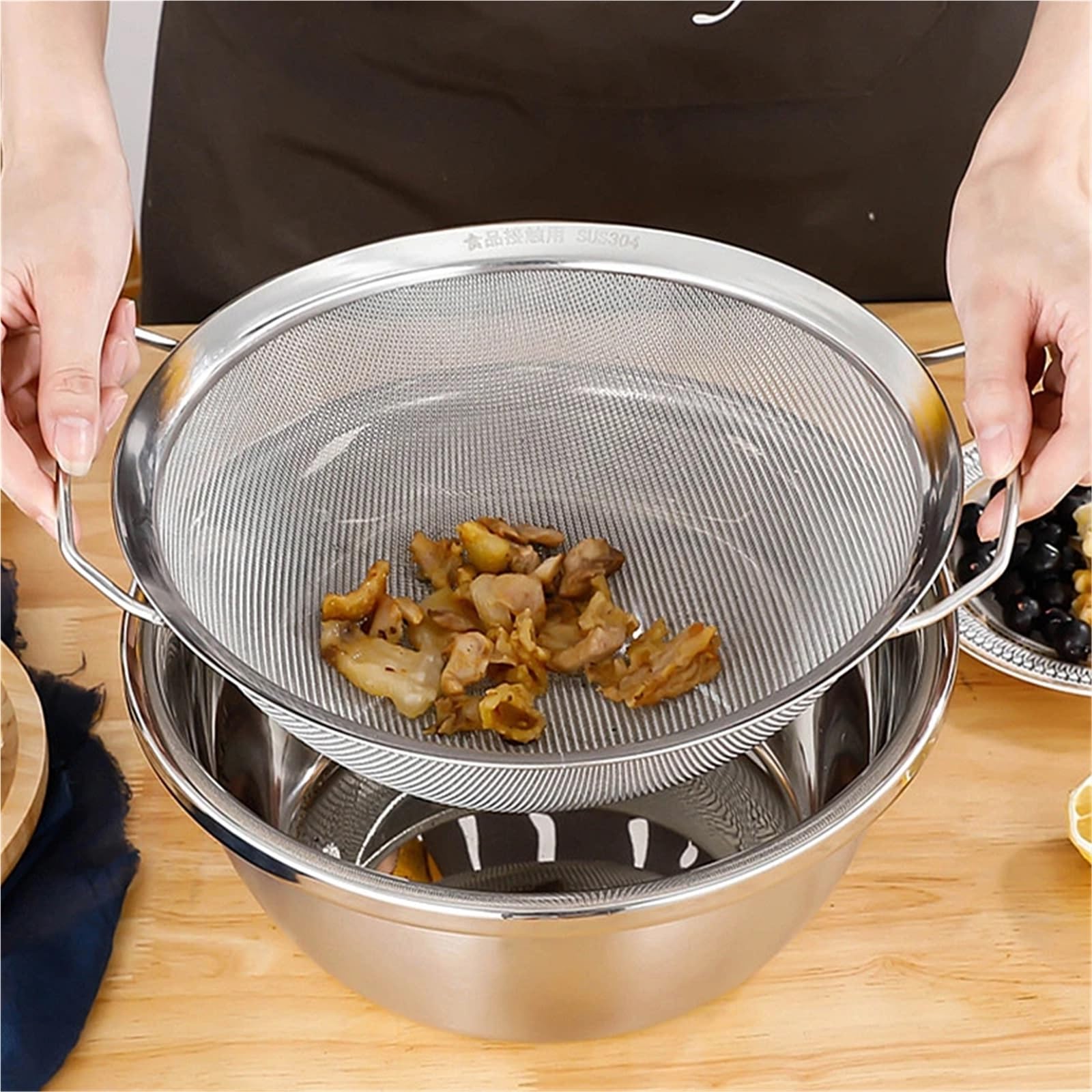 Filtros de acero inoxidable. Cesta coladora de malla fina de acero inoxidable con asas dobles, tamiz grande for jugo, harina de arroz, filtro de alimentos, escurridor, utensilio de cocina, colador de