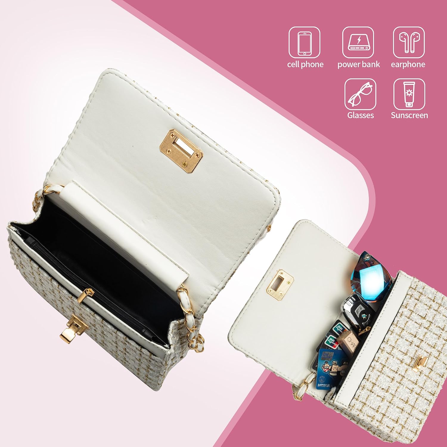 Small Quilted Shoulder Bag for Women Fashion Tweed Mini Clutch Handbag Purses Designer Crossbody Bag, with Chain Strap