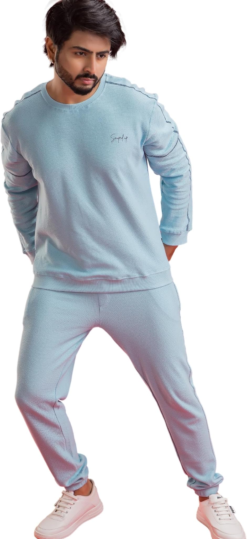 Souped Up Fashion Pure Cotton Bio-Washed Sweatshirt & Joggers Set for Men & Women | Vogue Verve Sky Blue Unisex Sweatshirt & Joggers Co-Ord Set | Comfortable and Breathable