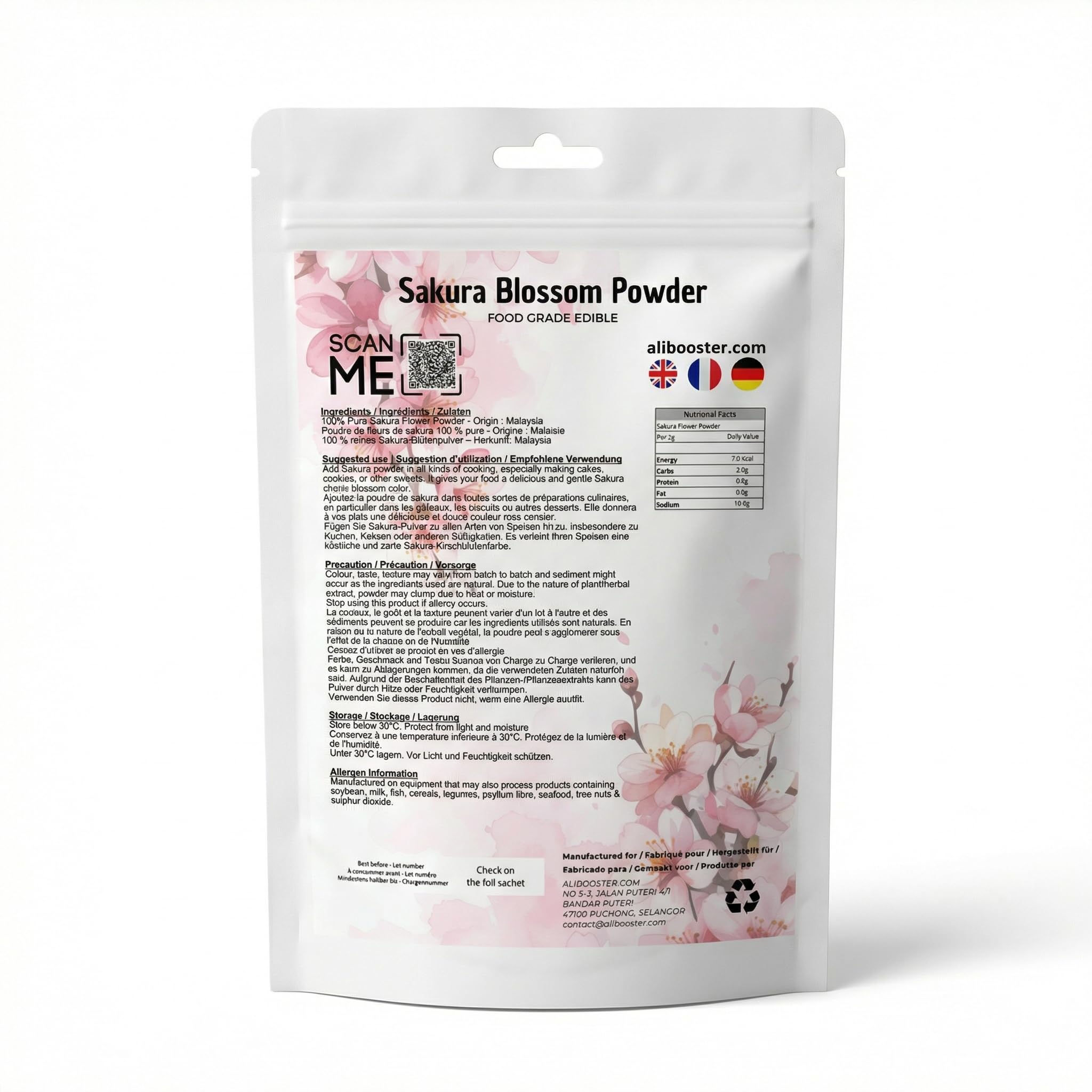 Poudre de Sakura Blossom 250 g - Fleur de Cerisier en Poudre - Qualité Alimentaire - Ingrédient Naturel pour Pâtisserie, Boissons et Desserts Japonais