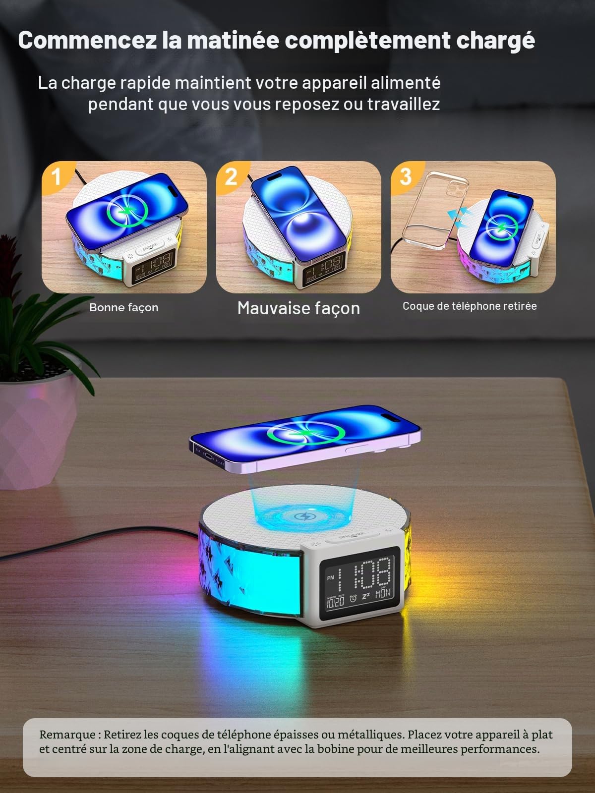 Smiling Shark Lumière de Réveil, Intelligente Lampes Réveil Chargeur sans Fil avec 3 Niveaux et Éclairage RGB Contrôle Tactile Ambiance Veilleuse Reveil Lampe de Chevet Charge pour Chambre Décor