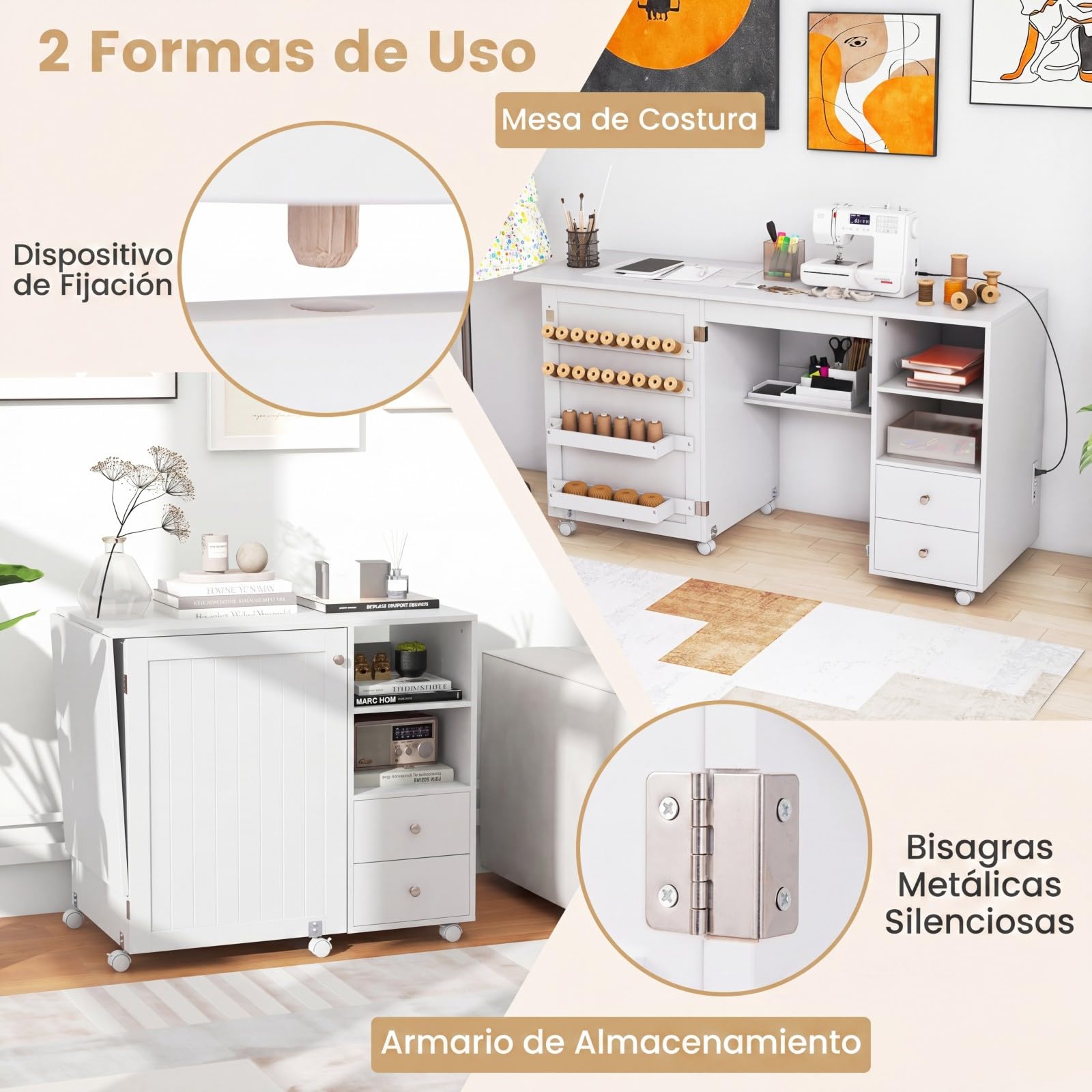 COSTWAY Mesa de Costura Plegable con Estación de Carga y Ruedas, para Hogar