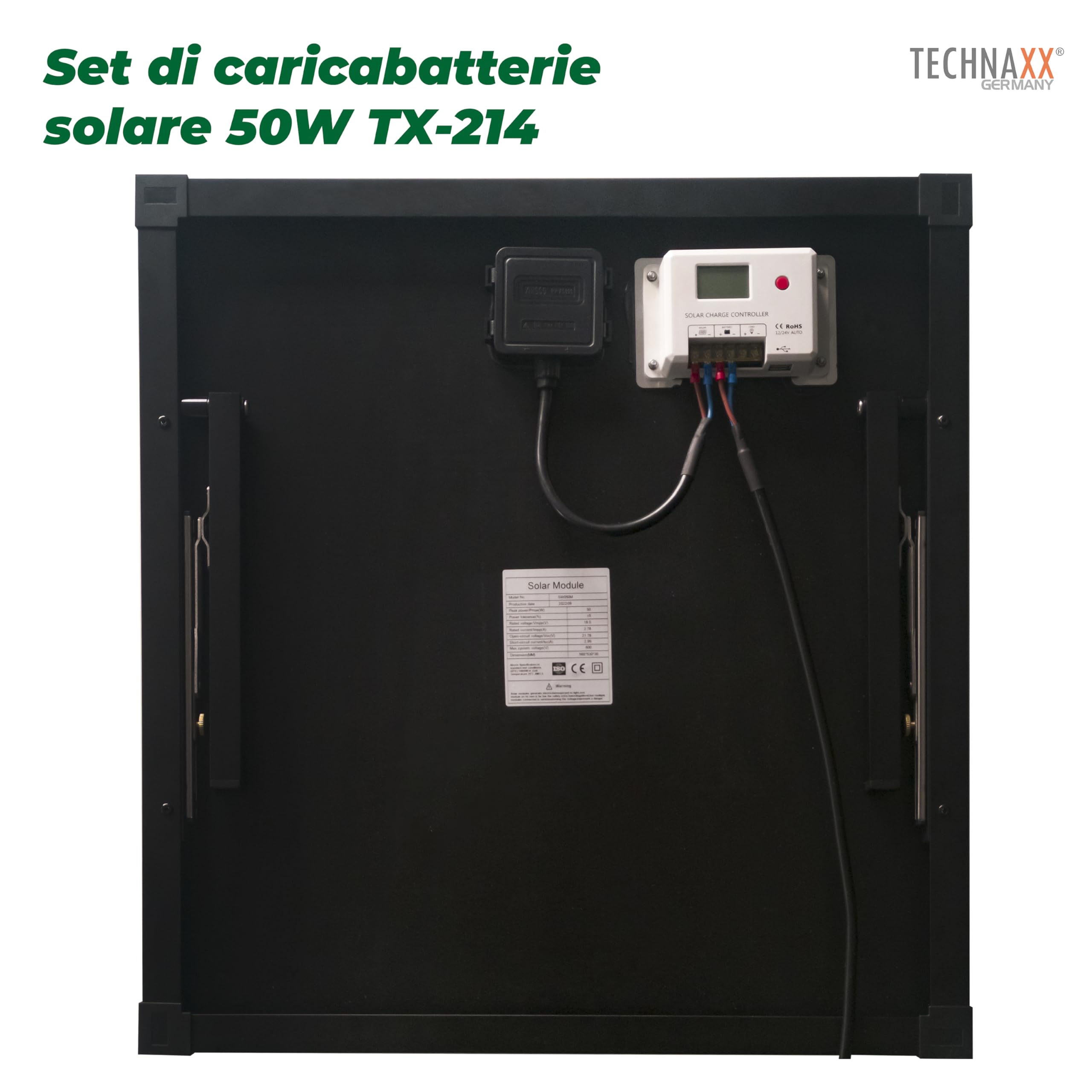 Technaxx Pannello Solare Portatile 50W Monocristallino con Controller LCD Kit Caricatore Solare con 2 USB 18V 2.78A Pannello Solare per Campeggio Giardino Camper Batterie 12V LiFePO4 AGM Gel - TX-214