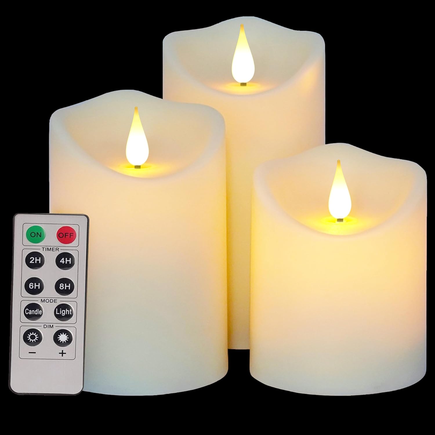 Enido Flickering Flameless Candles, Battery Operated Candles with Remote Timers, Battery Candles, LED Candles, Electric Fake Pillar Candles, D3.25“ x H4“5" 6", Ivory White, Outdoor Waterproof A-Off-white