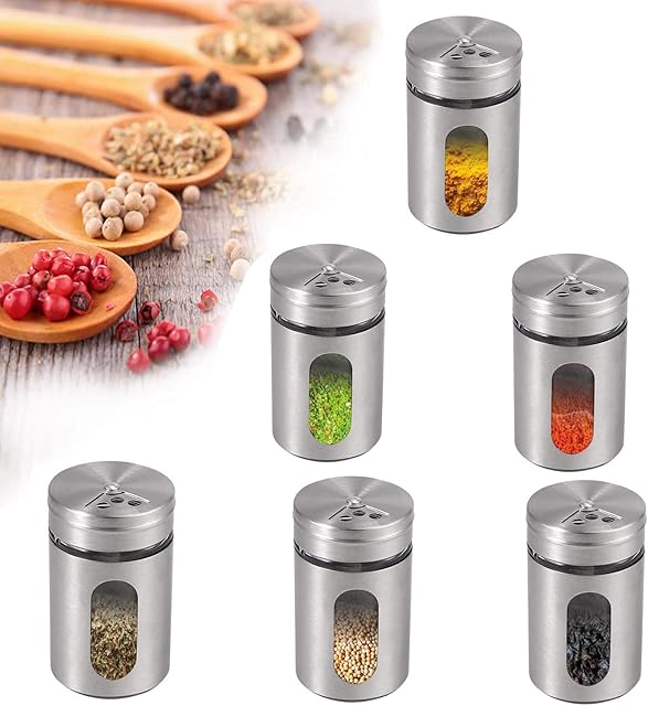 Spice Jars Set, Homgen Popular 6pcs Stainless Steel Spice Jars Set, BBQ Spice Storage Containers Spice Organiser Storage Spice Tins Set Spice Container for Salt Black Pepper ect