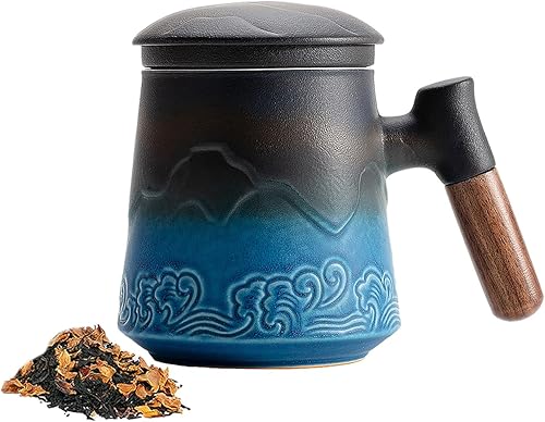 ZENS Taza de té con infusor y tapa, taza de té de cerámica con mango de palisandro, taza de té de hojas sueltas de 15.2 onzas para regalos, negro y