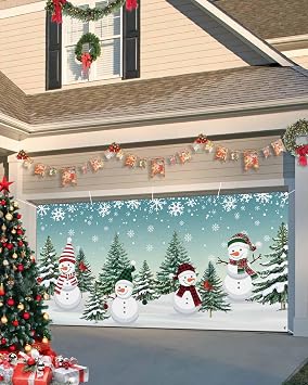 Christmas Garage Door Banner Cover 7 x 8 ft, Christmas Tres Snowman in Towel Snowflake Pine Aqua Christmas Garage Door Decorations Holiday Christmas Backdrop Decor for Winter New Year Xmas Party