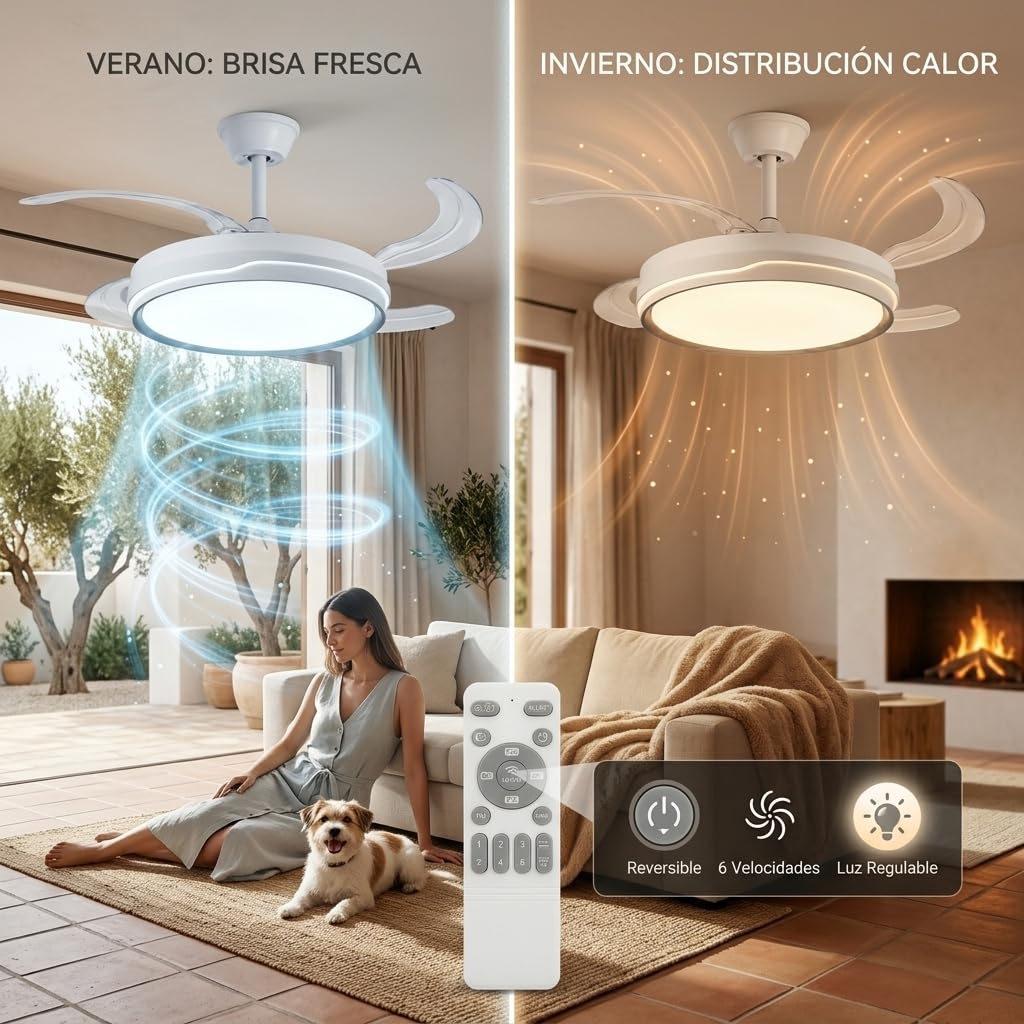 Ventilador de Techo Retráctil con Luz LED 70W, Motor DC 30W Silencioso, 107cm, 6 Velocidades, Luz Regulable con Memoria, Modo Noche, Temporizador 2H/4H, Reversible, con Mando (Raya Clásica)