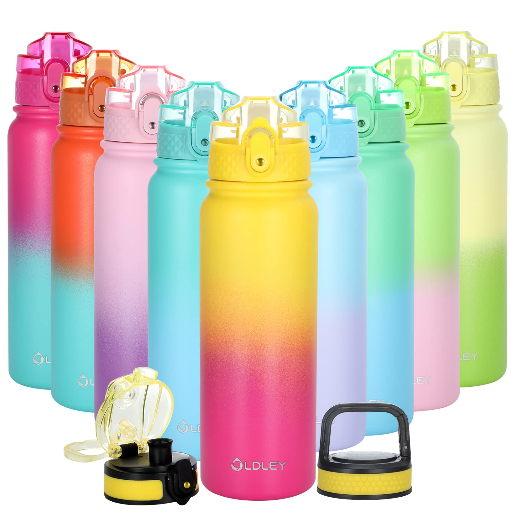 OLDLEY Insulated Water Bottle with Straw 20oz Stainless Steel Water Bottles with 3 lids Double-Wall Vacuum Thermal for Kids Adults School Sports,