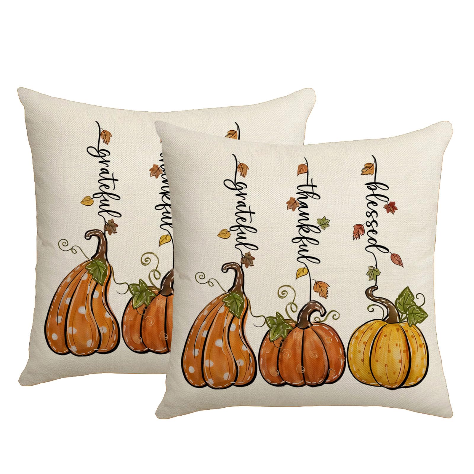 KLUSIET Fall Pillow Covers 18x18 Inch Set of 2, Pumpkin Maple Leaves Decorations Throw Pillow Covers, Throw Cushion Cover for Autumn Thanksgiving Farmhouse Sofa Decor(2pcs,F)