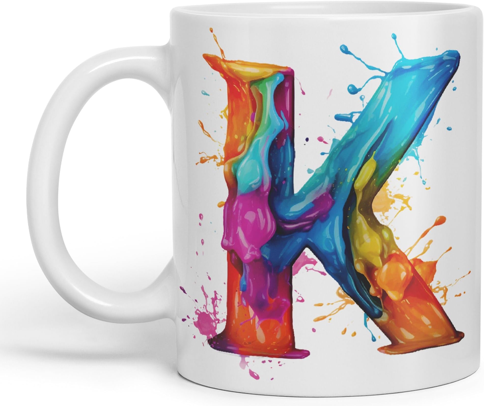 Vixar Letter K mug, Alphabet Letter K Monogram watercolour Ceramic Coloured Mug Cup for Tea Coffee Hot brew 330ml 11Oz Gift (White)