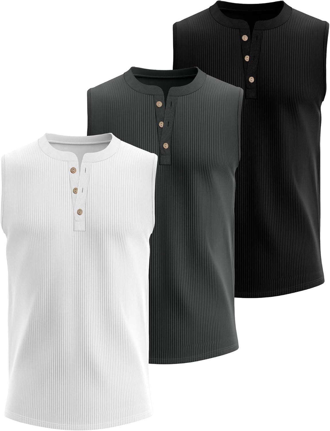 Neer 3 Pack Ribbed Tank Tops for Men Summer Sleeveless Henley Shirts Crewneck Tees Muscle Slim Fit Tank Top