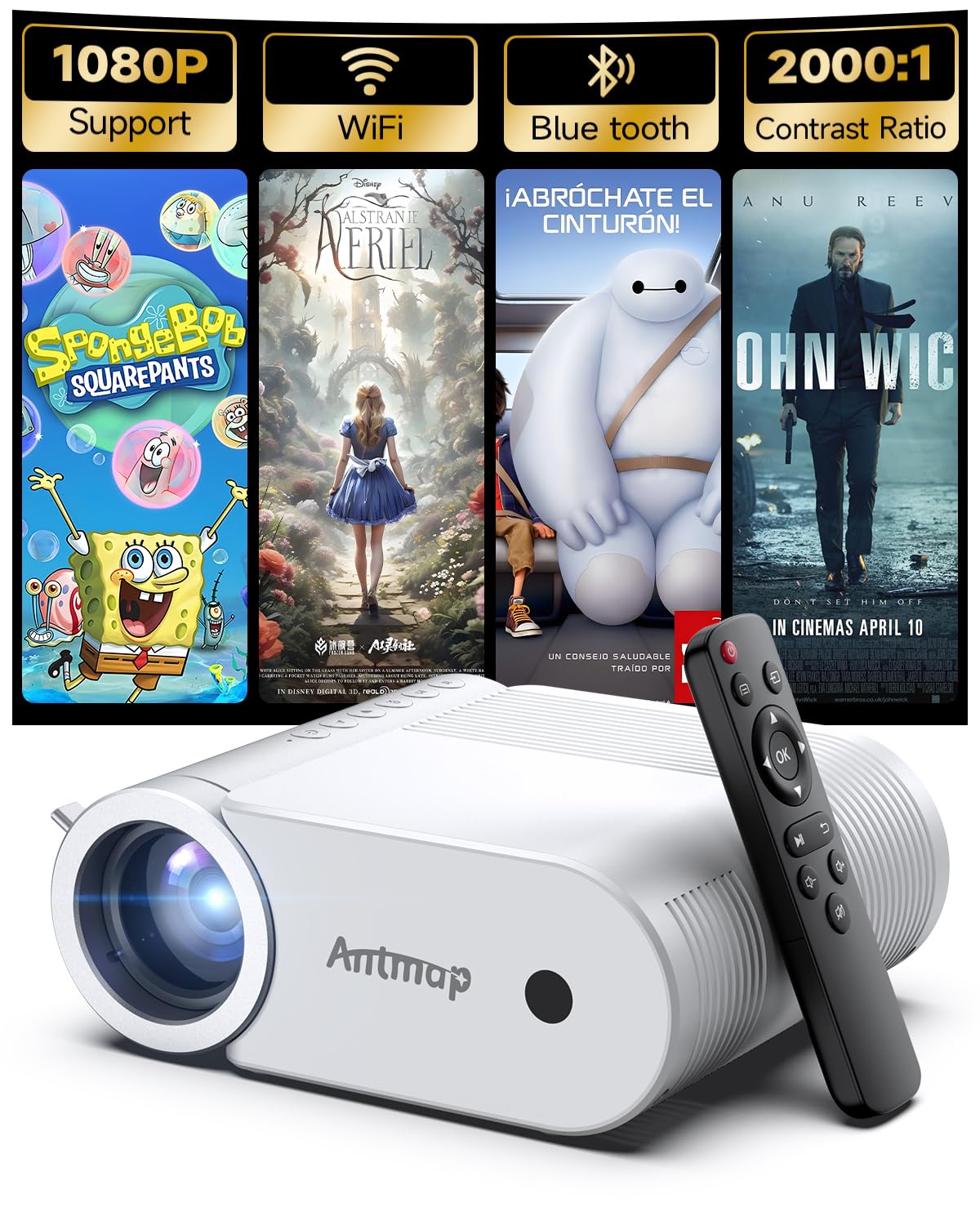Mini Proiettore WiFi e Bluetooth, Proiettore Portatile Home Cinema 1080P per Telefono, 200” Home Theater per Camera da Letto per iPhone/HDMI/USB/TV Stick