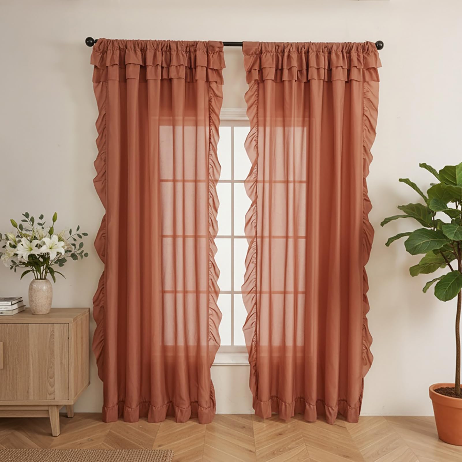 BOYOUTH Solid Color Sheer 2 Layer Valance Tulle Curtains with Ruffle Trim,Rod Pocket Voile Window Gauze Curtains Drapes for Kitchen Dining Room Cafe Decor,55 by 102 Inches,Brown,2 Panels