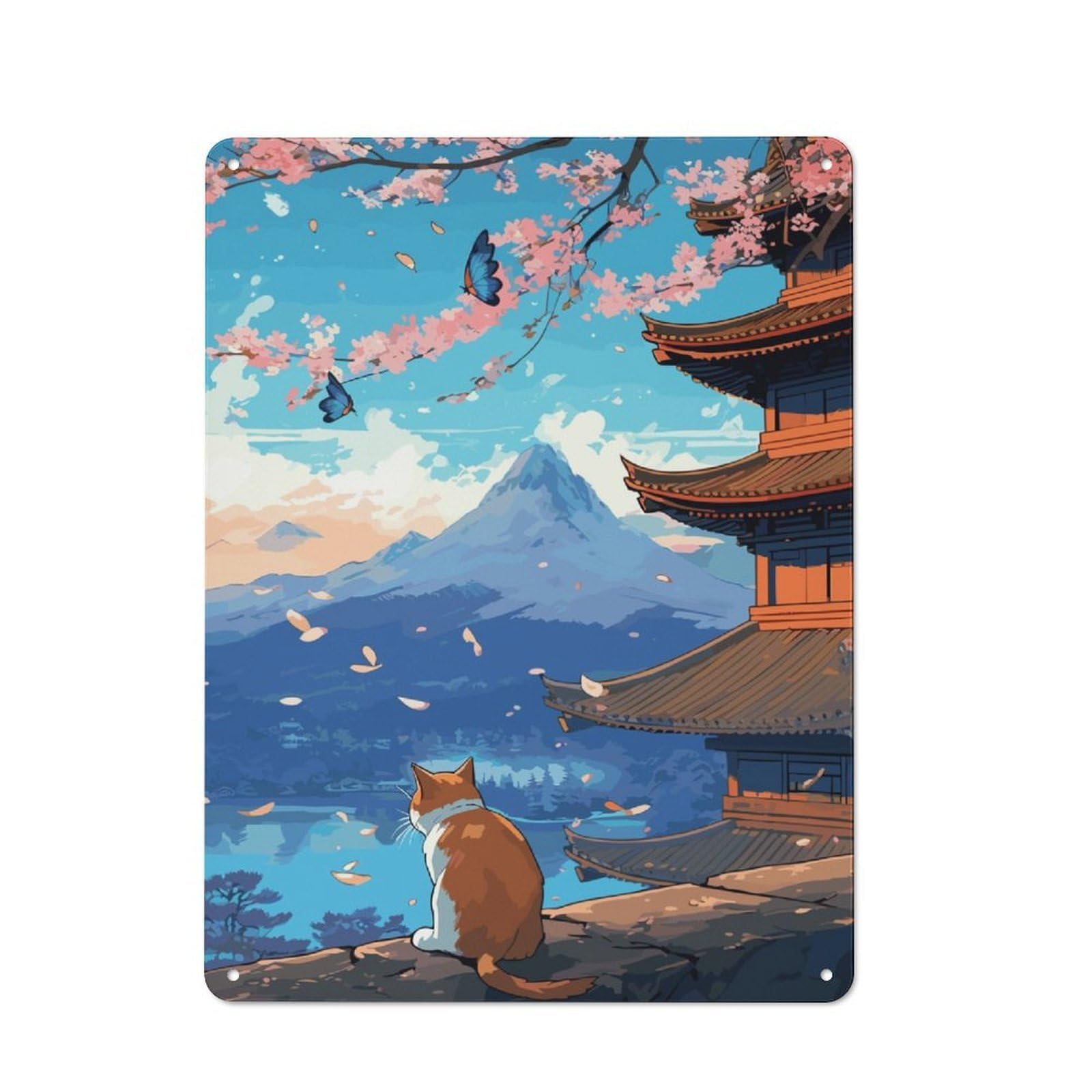 Junmoney Cat Cherry Blossoms Bistro Style Bistro Metal Sign 40X30cm Featuring Shop Wall Decor For Takeaway, Bar, Kitchen Or Counter Area
