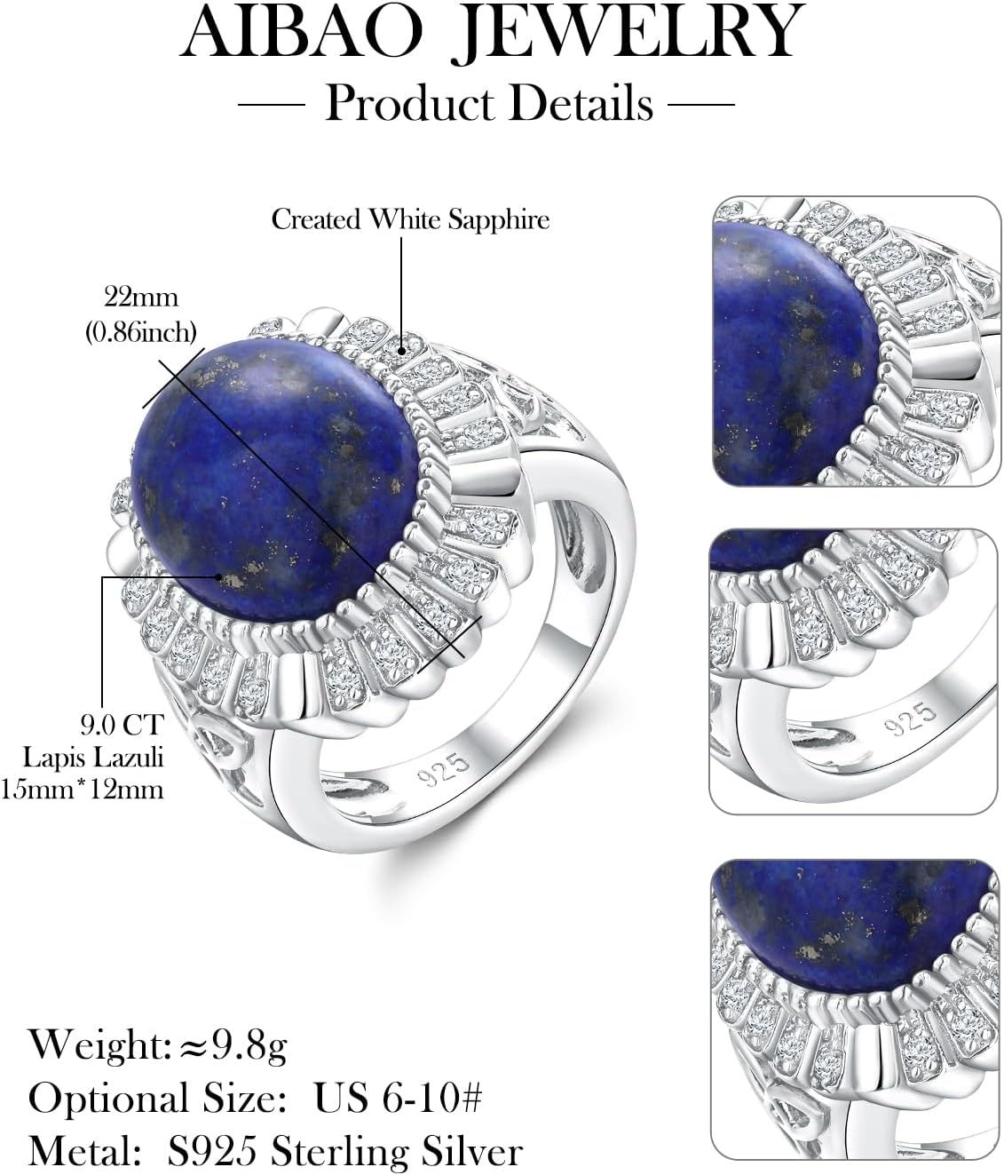 AIBAO 4-12 Ct Large Oval Engagement Rings for Women Natural Turquoise/Lapis Lazuli/Malachite Celtic/Infinity/Love Knot Halo Ring Size 6 to 10 Anniversary Christmas Valentines Gift