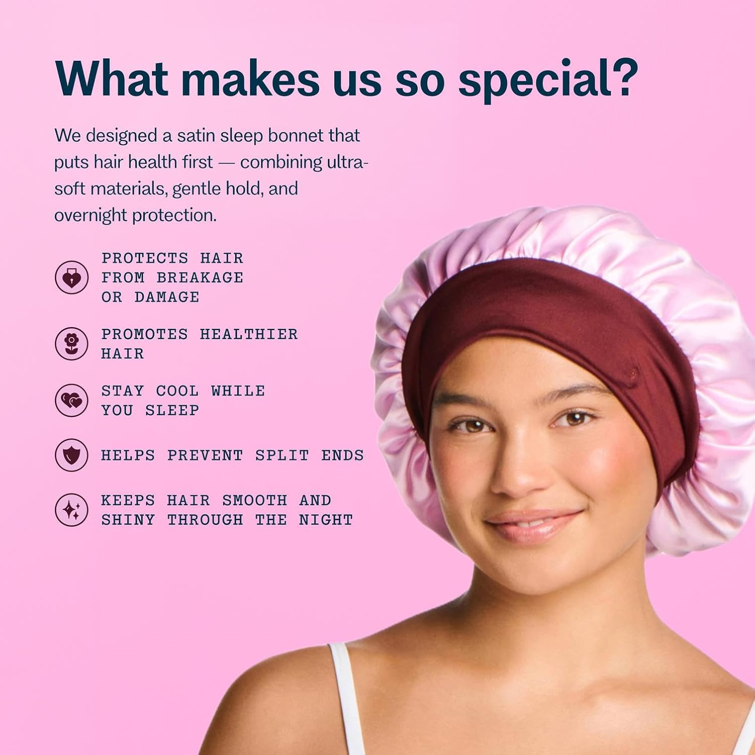 GIMME Beauty Sweet Dreams Satin Bonnet - Ultra-Soft Sleep Bonnet - Smooth & Frizz-Free Hair - Breathable Satin with Stretchy Band - Compatible with Heatless Curlers - Fine Hair, Pink, 1 Count