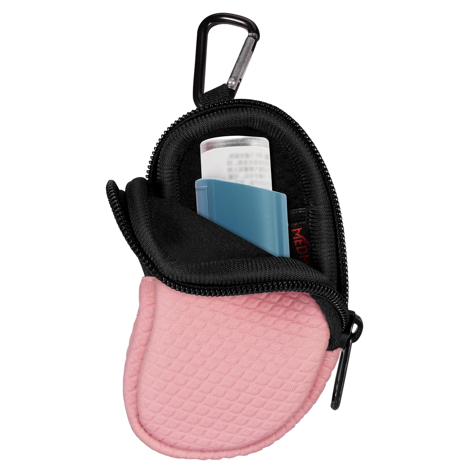 MEDMAXNeoprene Asthma Inhaler Holder, Protective Portable Travel Handy Holster, Lightweight Carrying Case with Carabiner Clip and Mesh Pocket Inside, Inhaler Not Included (Case Only) (Pink)