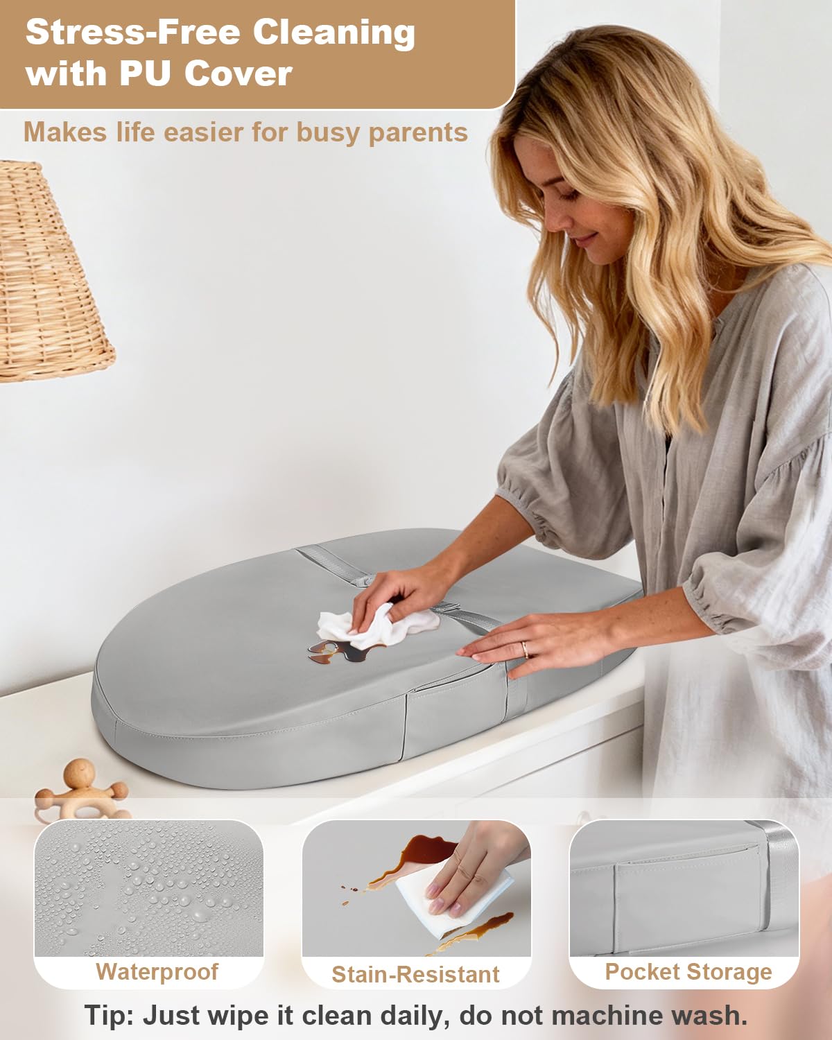 Vegan Leather Baby Changing Mat with Wipeable & Waterproof PU Cover (80 x 40 x 10cm) Baby Nappy Changing Mat for Dresser with Anti-Roll & Non-Slip Safety Belt & Storage - Image 2