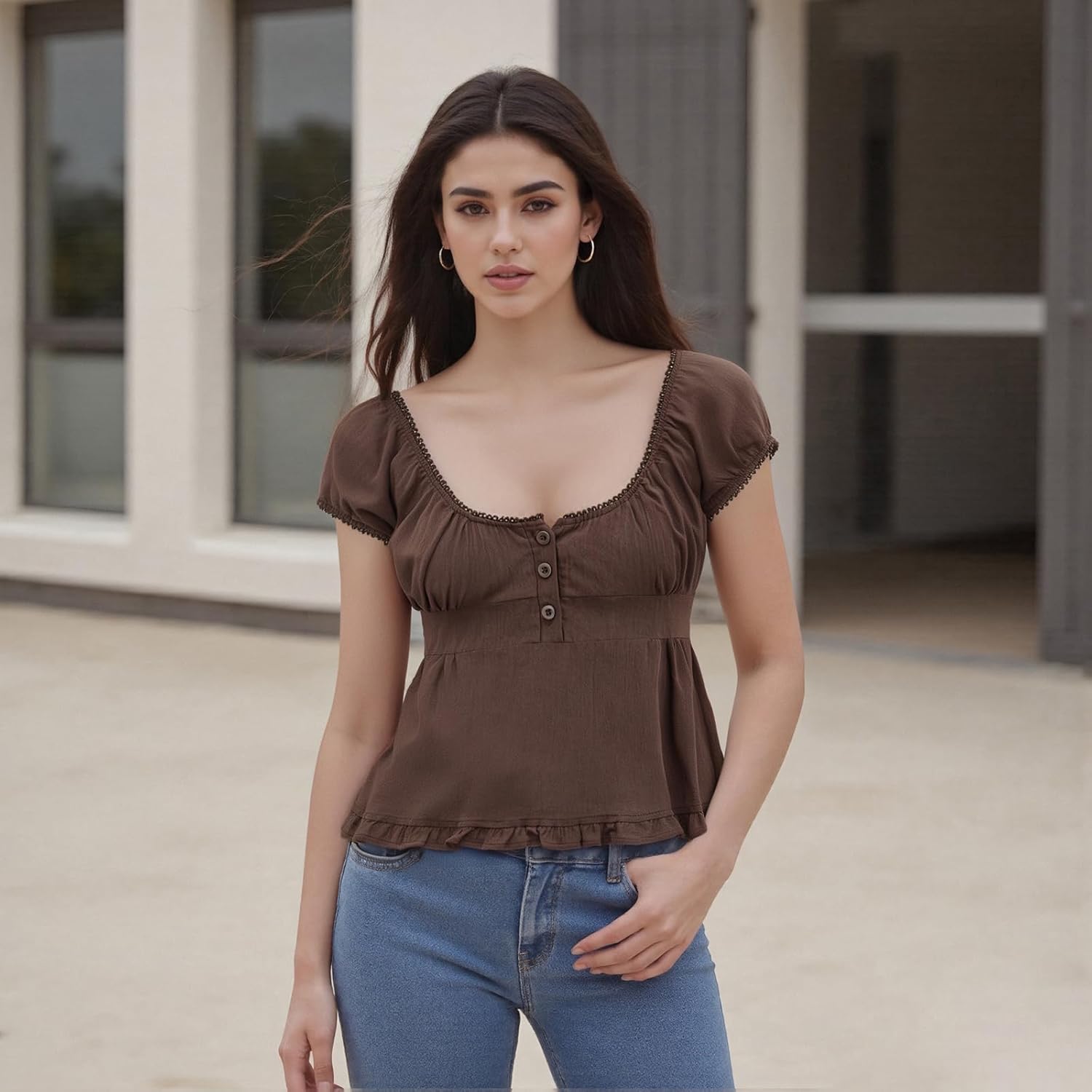 Women Y2k Cap Sleeve Shirt Lace Trim Fairy Plaid Tees Cute Button Ruffled Babydoll Crop Top Vintage Aesthetic Clothes - Image 4