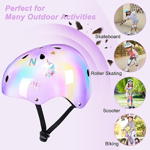 Miniatura 7 de Casco para niños, casco de bicicleta para niños pequeños con calcomanías de bricolaje, rodilleras y coderas de unicornio, conjunto de equipo de