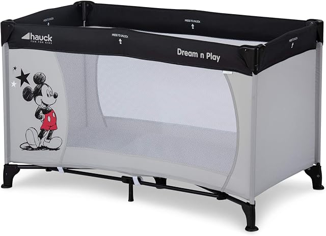 Hauck Disney Travel Cot Dream N Play 120 x 60 cm, Portable Baby Bed from Birth up to 15 kg, Lighweight Travel Cot, Compact Folding, Inclusive Carry Bag and Padded Floor, Mickey Stars