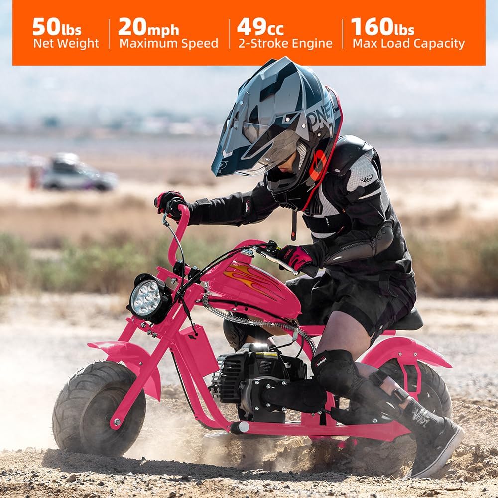 Mini Chopper Bike, 49.4 CC 2-Stroke Dirt Bike Motorcycle, Premium Tire, Disc Brake, Max165Lbs, Max 20Mph, EPA Approved