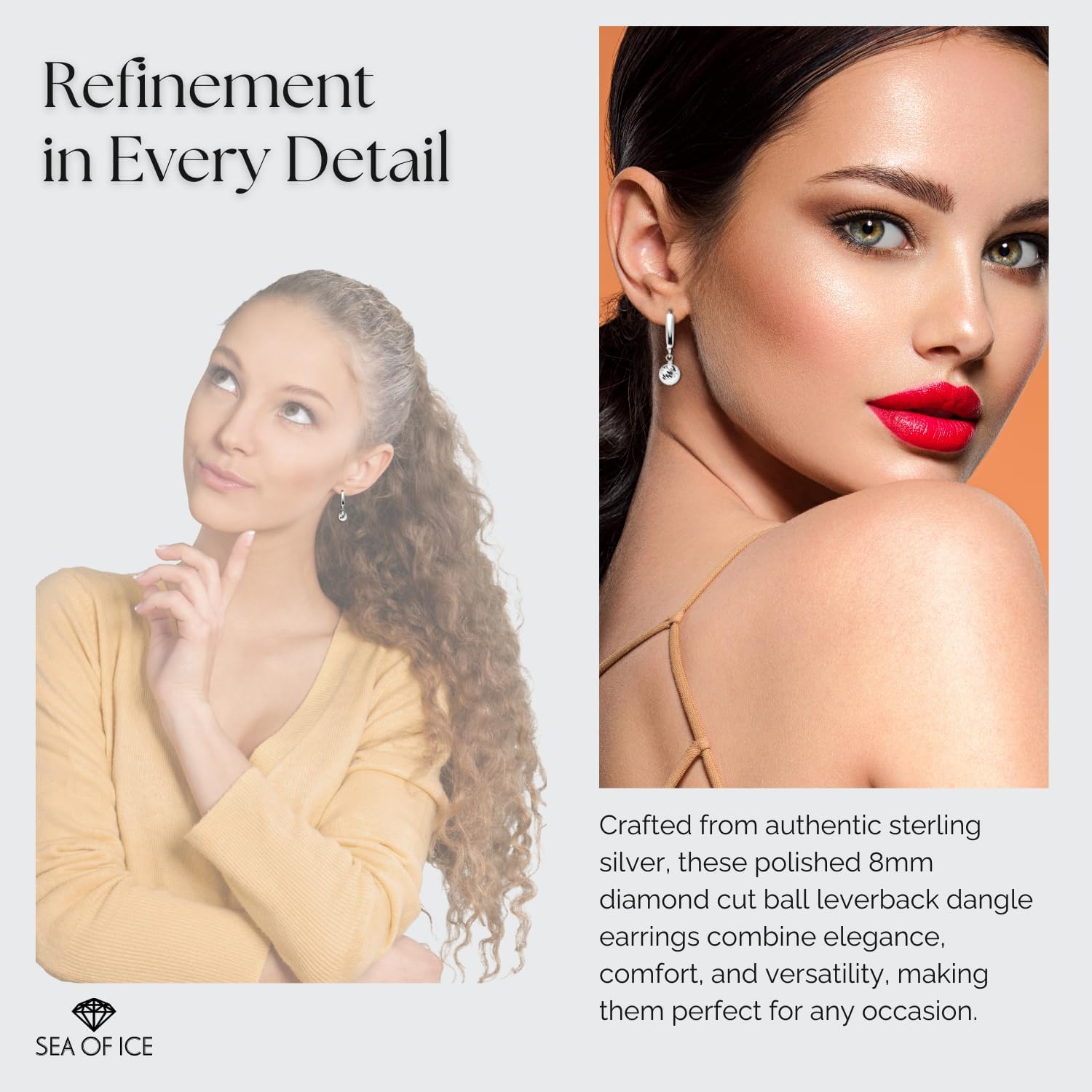 Sea of Ice Sterling Silver Ball Beads Leverback Drop Dangle Earing– Diamond-Cut 8mm Ball Beads - Elegant Sterling Silver Earrings for Women – Nickel-Free Jewelry - Image 3