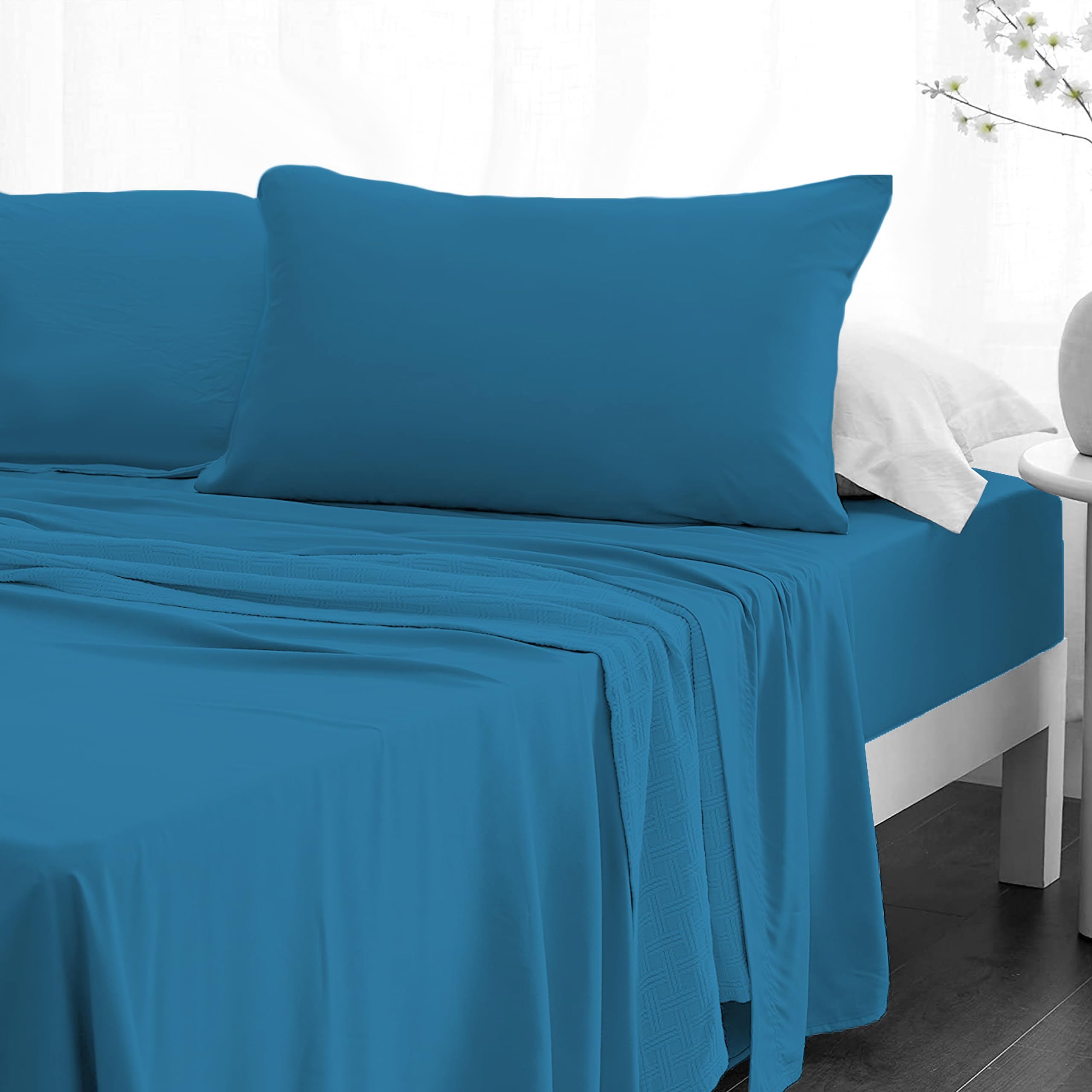 Crescent Textile Sheet Set for Bed 200TC 100% Egyptian Cotton Super Soft Easy Care Fitted Sheet & Flat Sheet with Pillowcases Bedding Set (Teal, Double)