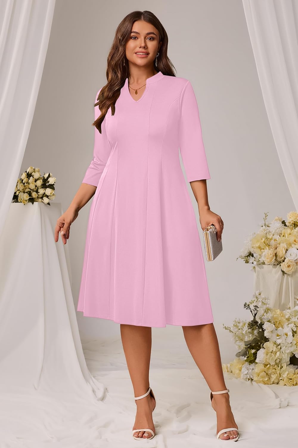 Runwind Plus Size Dresses for Curvy Women, V-Neck 3/4 Sleeve Semi-Formal Fall Church Wedding Guest Cocktail Party Midi Dress - Image 2