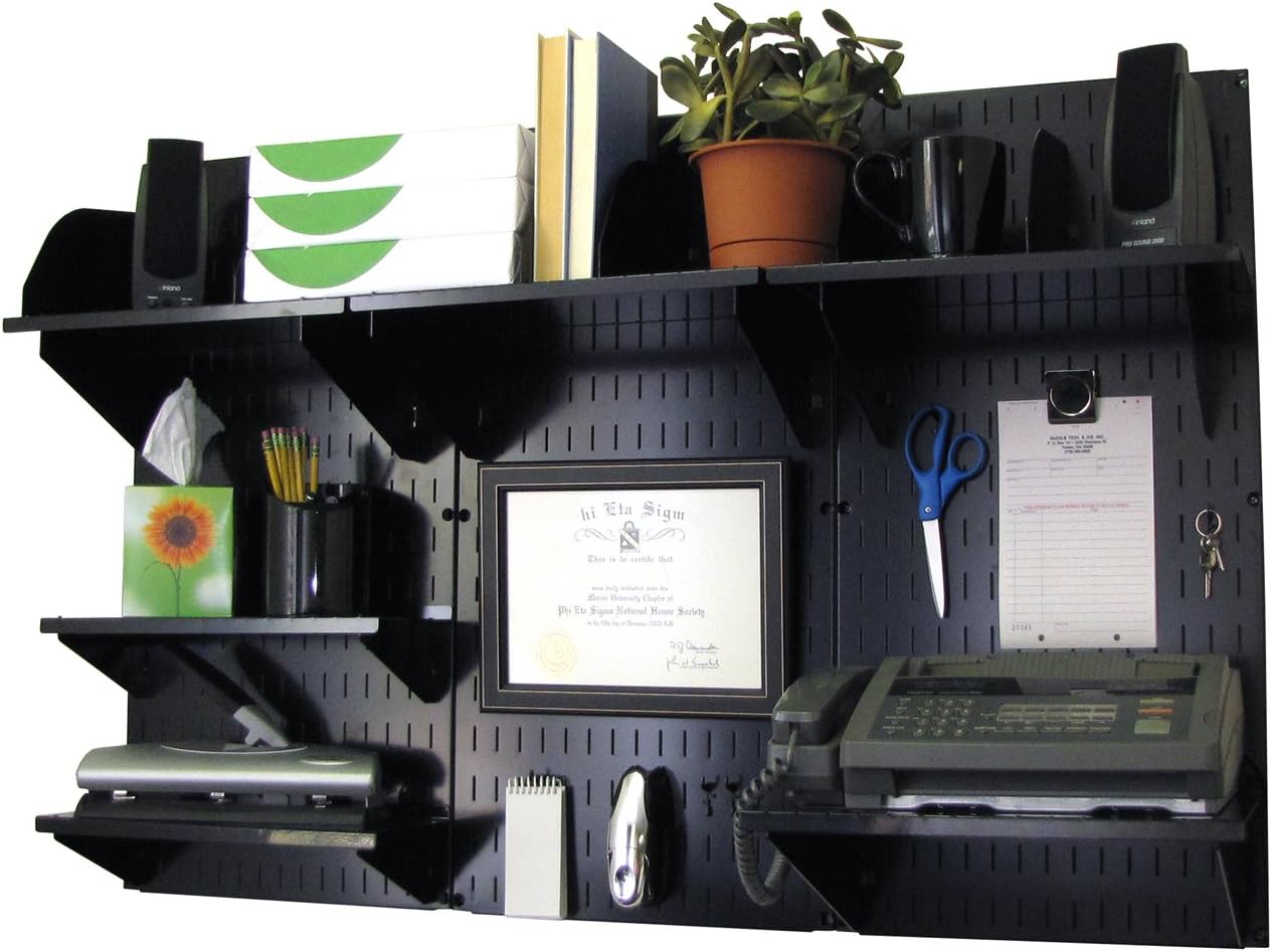 Office Organizer Unit Wall Mounted Office Desk Storage and Organization Kit Black Wallboards and Black Accessories