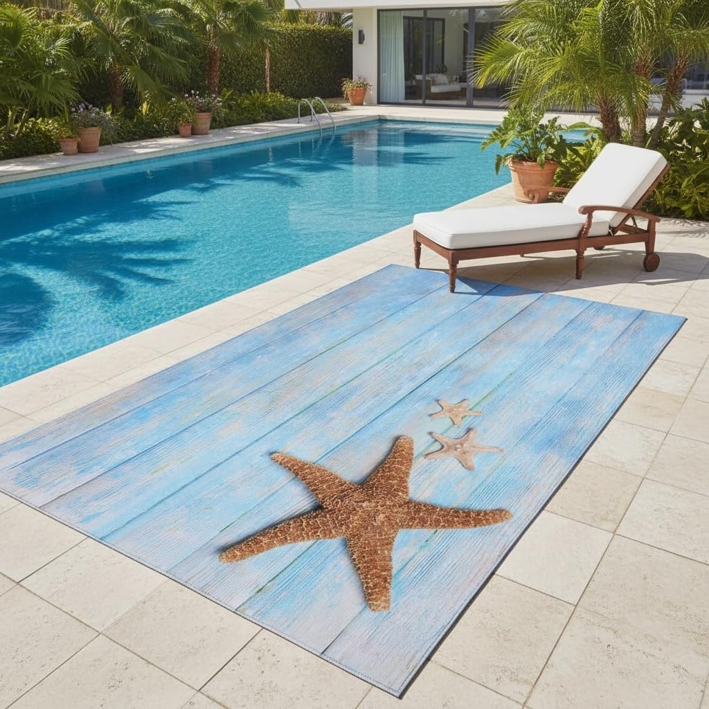 Light Blue Distressed Wood Starfish Outdoor Rug 9x12 Waterproof Durable Outdoor Area Rug for Patio Balcony Deck Porch Non Slip Large Carpet Machine Washable Foldable Indoor Outdoor Carpet Floor Mats