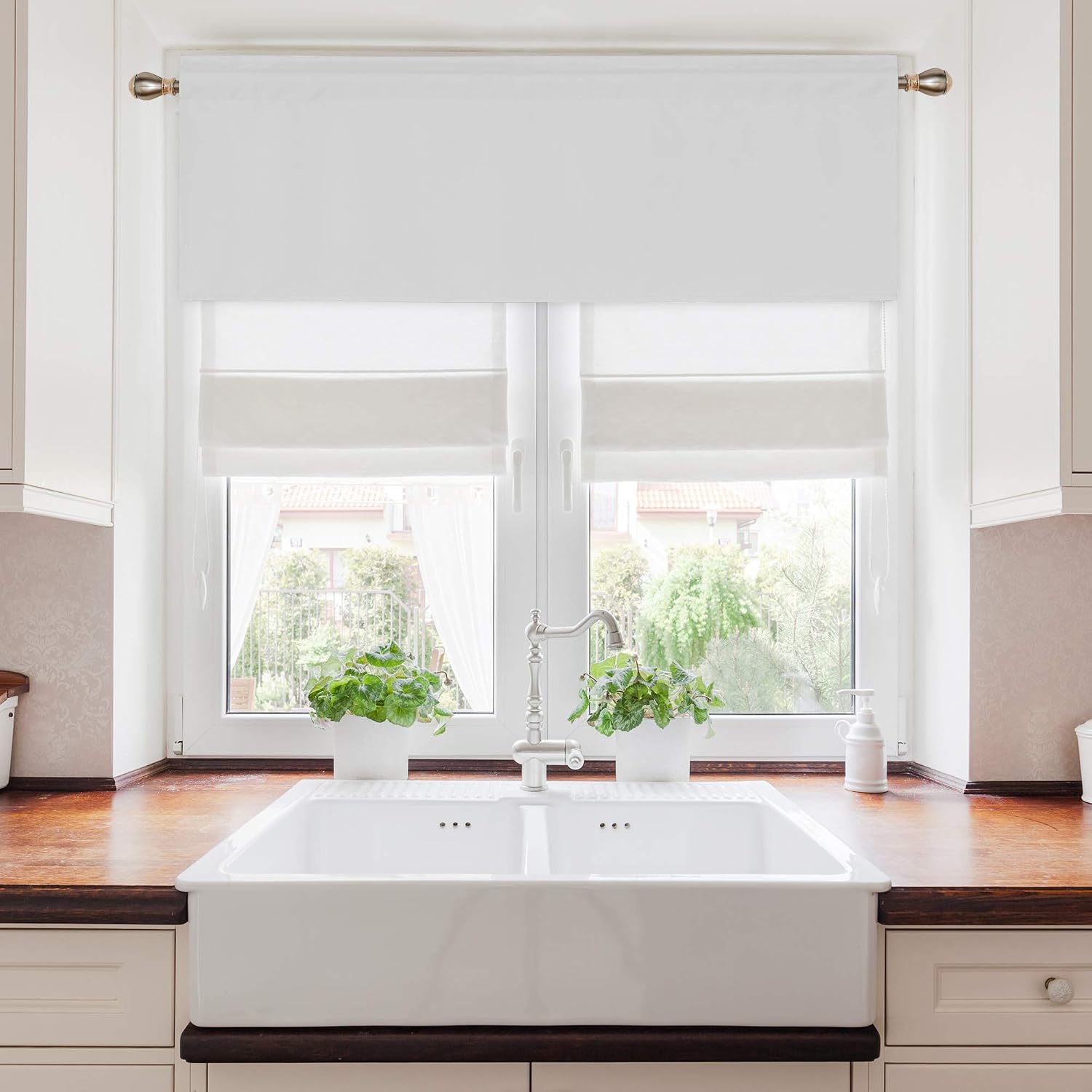 Deconovo Solid Blackout Curtains Valances Rod Pocket Window Valances Kitchen Tier Curtains for Small Windows 52x18 Inch Star White Set of 2 Panels