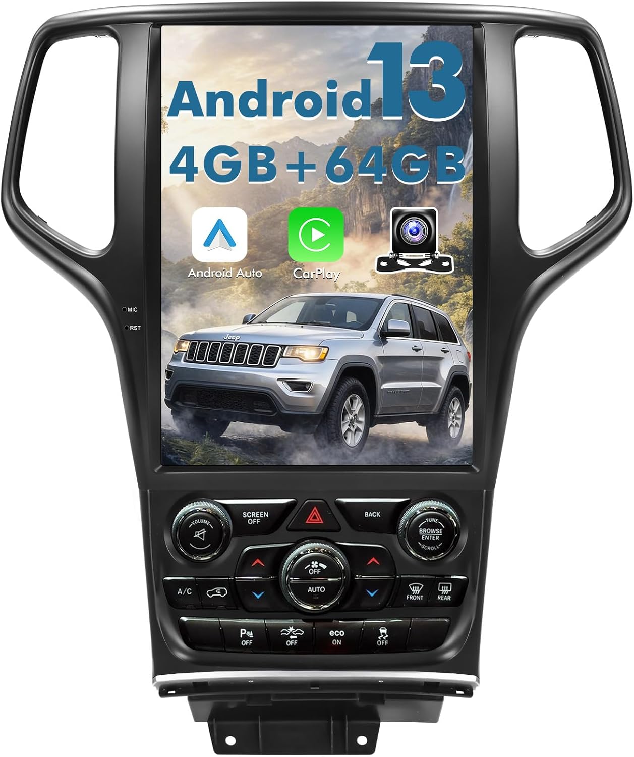 Car Stereo Radio Upgrade for Grand Cherokee 2014-2022, 12.1 inch Android 13 4+64GB Wireless CarPlay and Android Auto/Voice Control/GPS/Bluetooth 5.0/WiFi/1080P Rear Camera