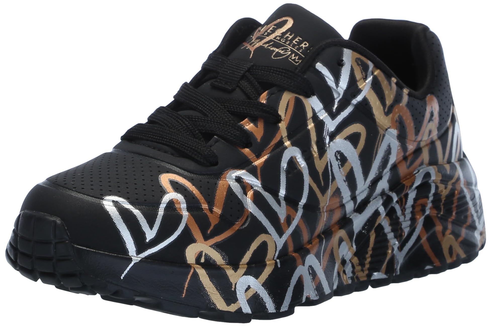 Skechers Girl's Uno Lite Metallic Love Sneakers, Black Pu/Gold Trim, 1.5 UK Child