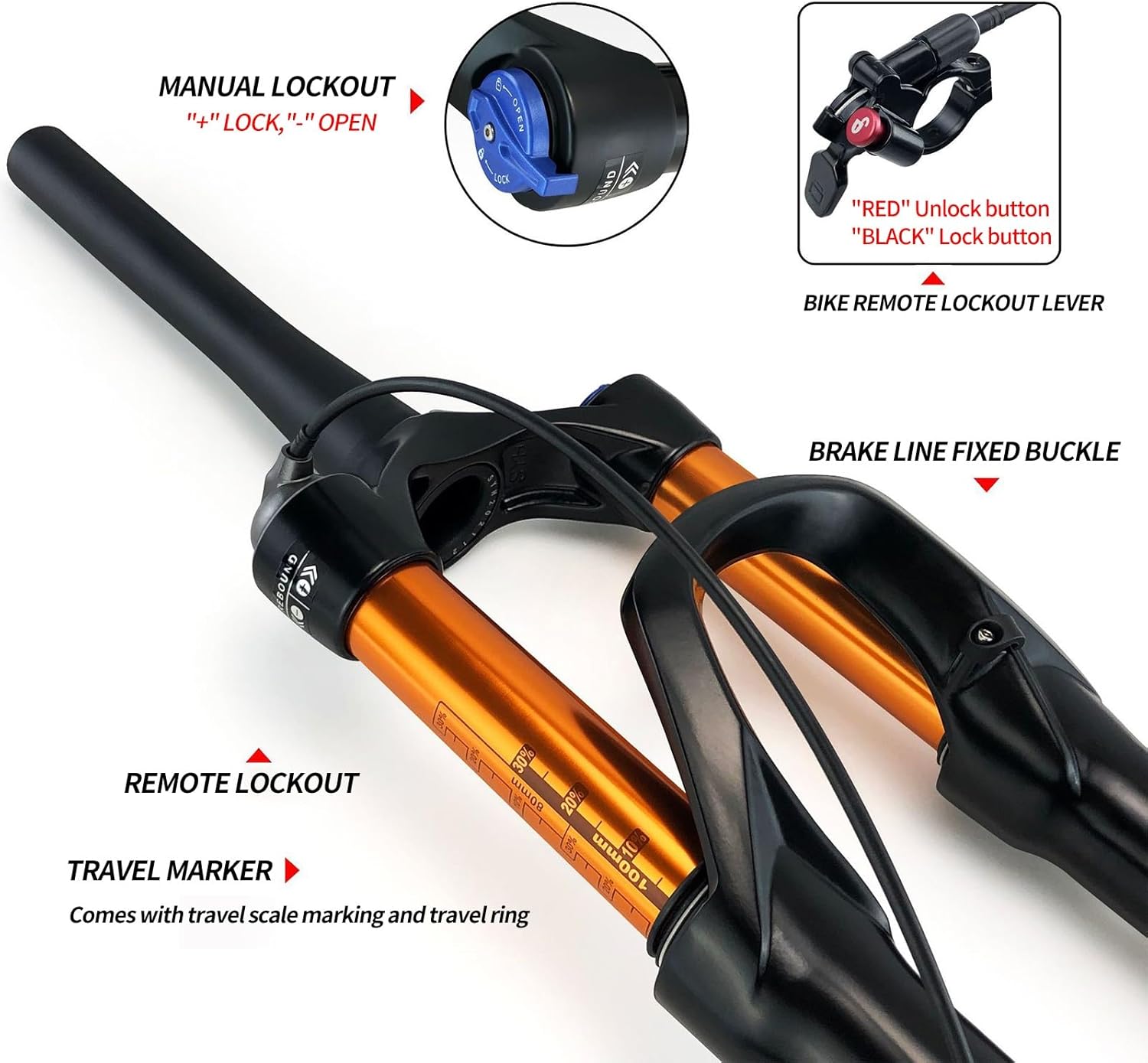 Mountain Bike Front Forks 27.5/29inch Bikes Suspension Fork Travel 140mm 1-1/8" Straight/Tapered Air Fork Rebound Damping 15 * 110mm Thru Axle Boost Manual/Remote(Tapered-Manual,Gold_29")
